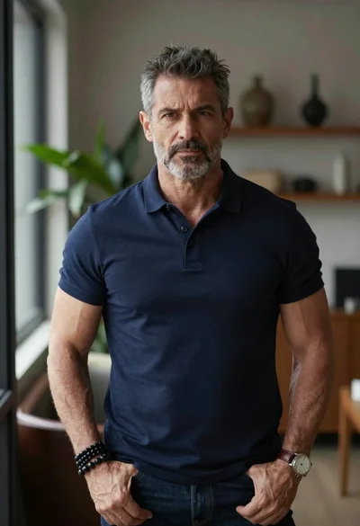 Portrait of middle aged man in navy polo shirt indoors