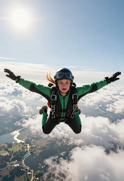 Blonde woman skydiving in freefall against fluffy white clouds