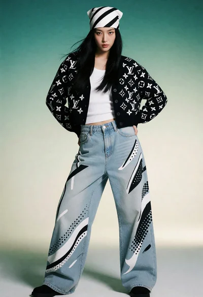 Full body studio portrait of woman in monogram jacket and denim jeans