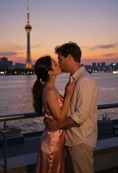 Romantic couple sharing a gentle kiss on a balcony overlooking city waterfront