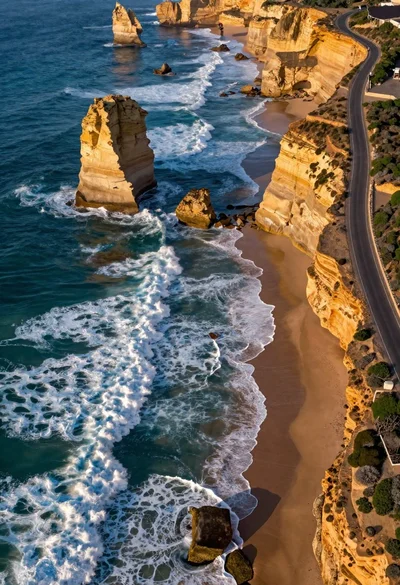 Aerial view of rugged coastline with turquoise waves