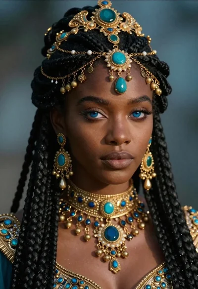 Portrait of regal woman with blue eyes and gold jewelry