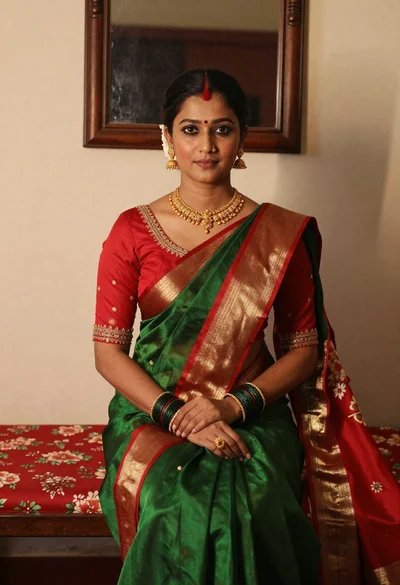 Portrait of woman in green saree and red blouse indoors