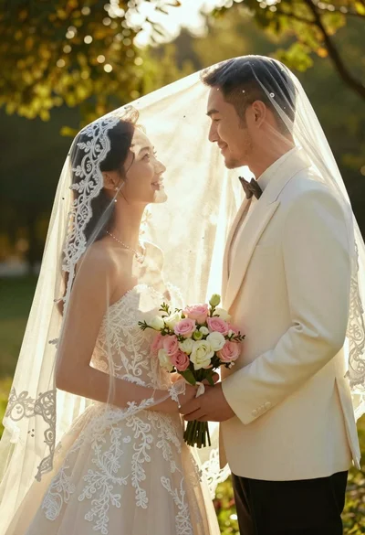 Bride and groom under lace veil in sunlit garden holding roses