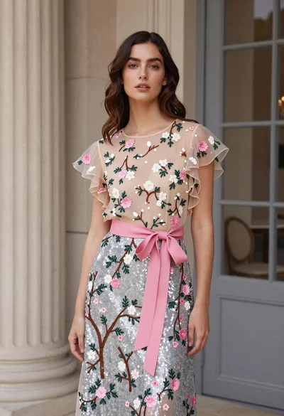 Woman in floral gown standing in elegant interior space