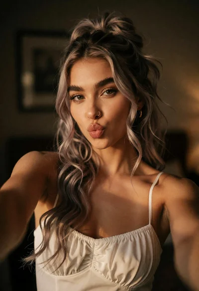 Close up selfie of young woman with ash blonde wavy hair indoors