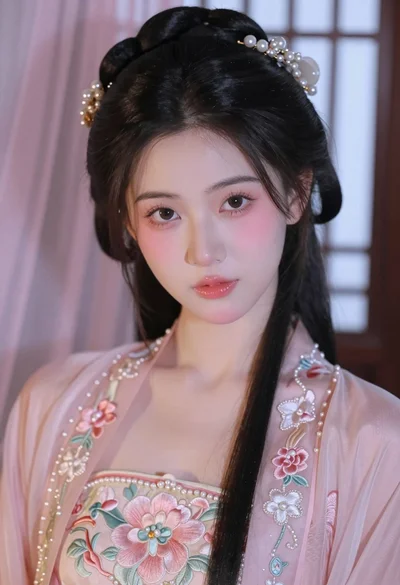 Close up portrait of young woman in pink embroidered robe indoors