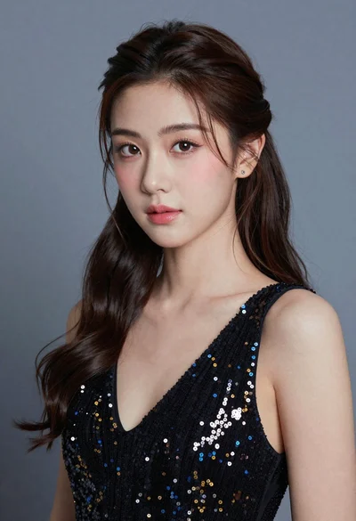 Close up portrait of young woman with dark hair in sequined black
