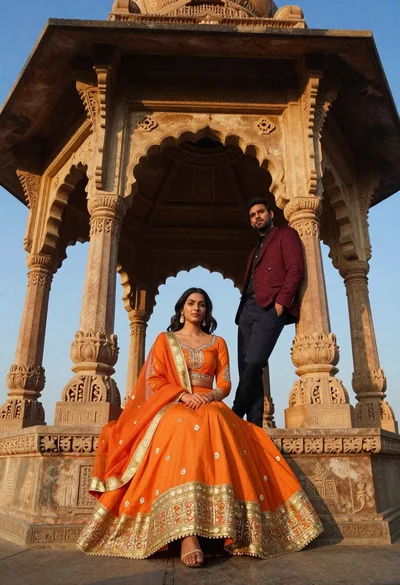 Couple in traditional attire posing inside an ornate stone pavilion