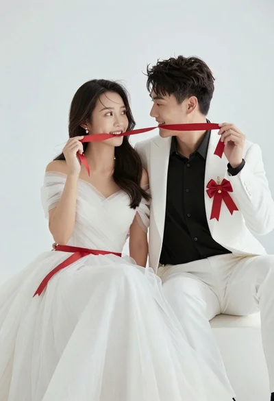 Romantic portrait of young couple in white formal wear against white background
