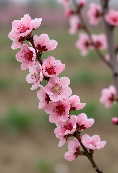 Close up view of vibrant pink peach blossoms on dark branches in