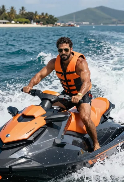Muscular man riding black orange jet ski on choppy blue ocean water
