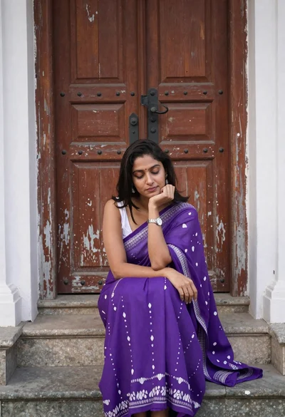 Young woman in purple sari sitting on stone steps by aged wooden