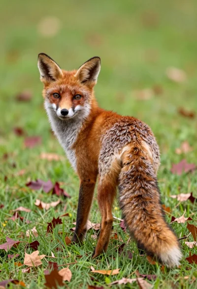 Red fox looking back over shoulder in a lush autumn meadow setting