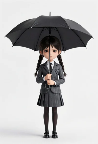 Chibi girl in grey pinstriped school uniform holding black umbrella against white