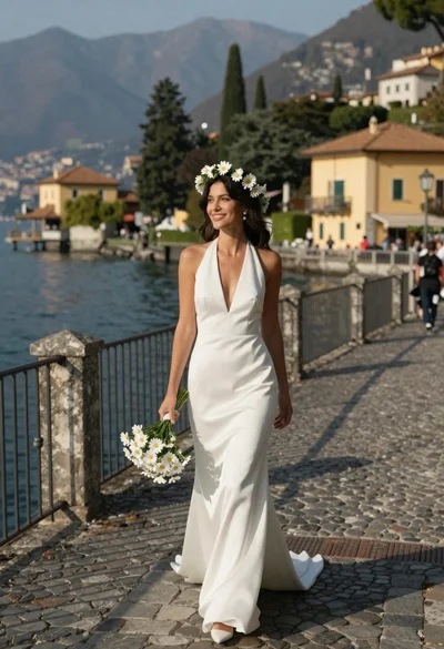 Smiling woman in white wedding dress walking on stone bridge over water