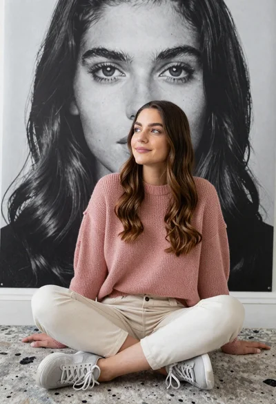 Young woman with long wavy brown hair sitting crosslegged on patterned carpet