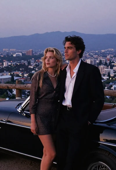Stylish couple posing by vintage convertible overlooking cityscape at dusk