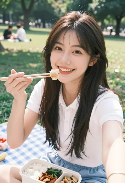 Young woman smiling while holding food chopsticks in sunny park setting