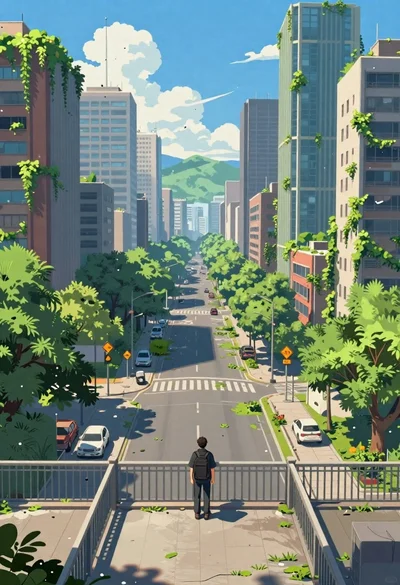 Postapocalyptic cityscape reclaimed by nature