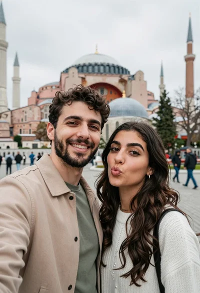 Couple taking selfie in front of the massive hagia sophia dome structure