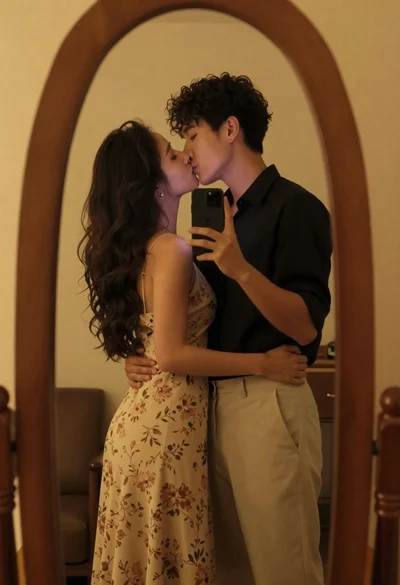 Romantic couple sharing a kiss while taking a mirror selfie indoors