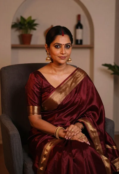 Woman in maroon silk saree seated indoors with gold jewelry