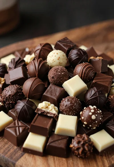Close up of massive overflowing mound of assorted gourmet chocolates on wood