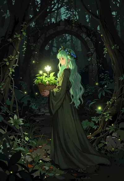 Young woman with green hair in glowing forest
