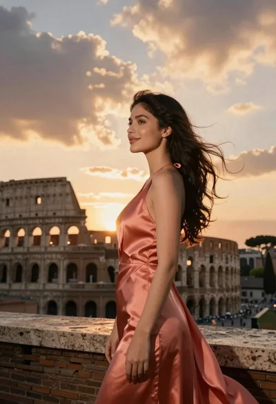 Young woman in coral satin dress standing on a stone rooftop terrace