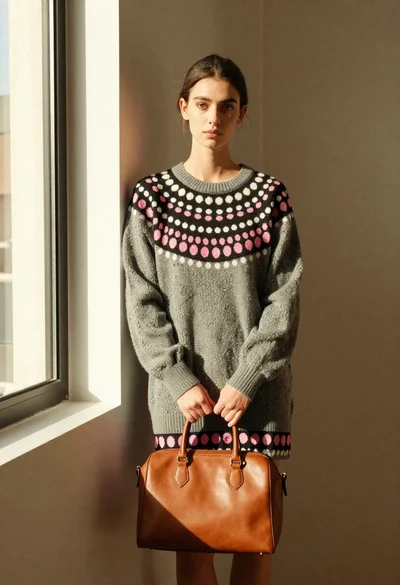 Young woman in grey sweater holding handbag in sunlit indoor corner