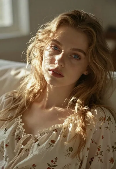 Close up portrait of blonde woman in cream nightgown
