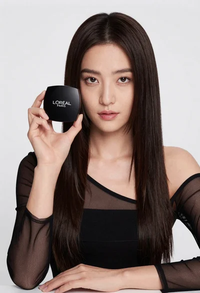 Medium close up portrait of woman holding makeup compact in studio