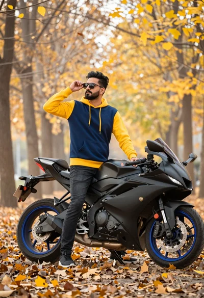 Man adjusting sunglasses next to sport motorcycle in autumnal park setting