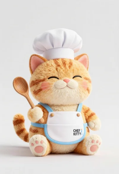 Cute chubby orange tabby cat plush toy dressed as a chef holding