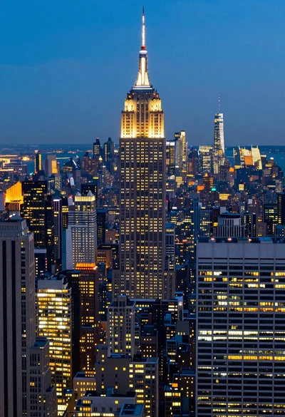 High angle aerial view of new york city skyline at twilight featuring