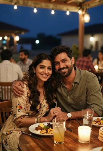 Smiling young couple sharing a romantic dinner at an outdoor restaurant