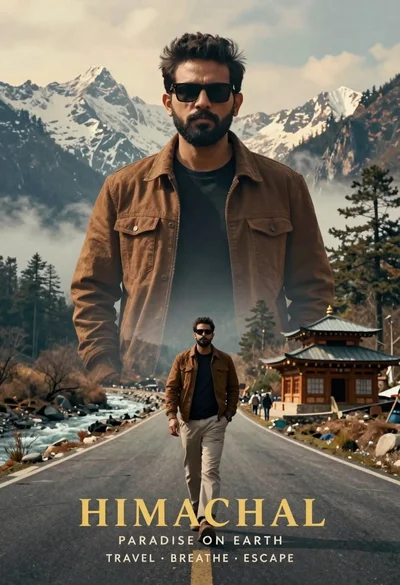 Cinematic travel poster of man with beard and sunglasses on mountain road