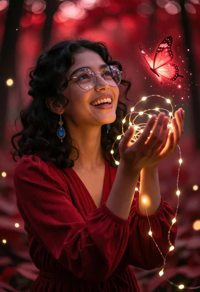 Young woman holding fairy lights near red butterfly in crimson forest setting