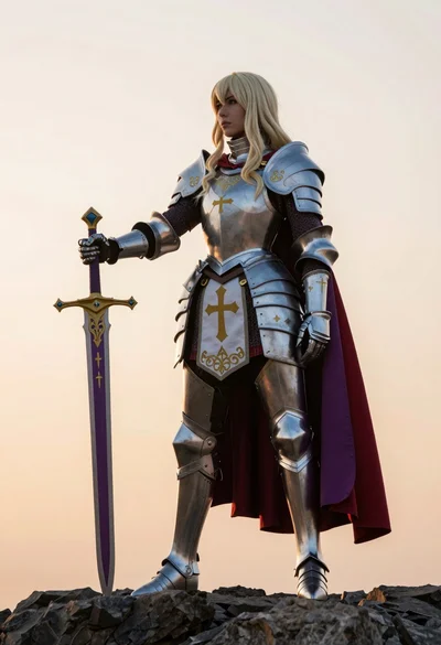 Full body shot of a knight in silver armor standing on dark