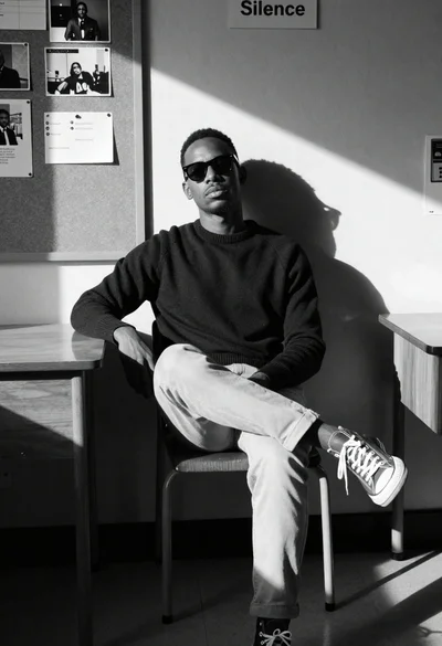 Black and white portrait of man in classroom setting