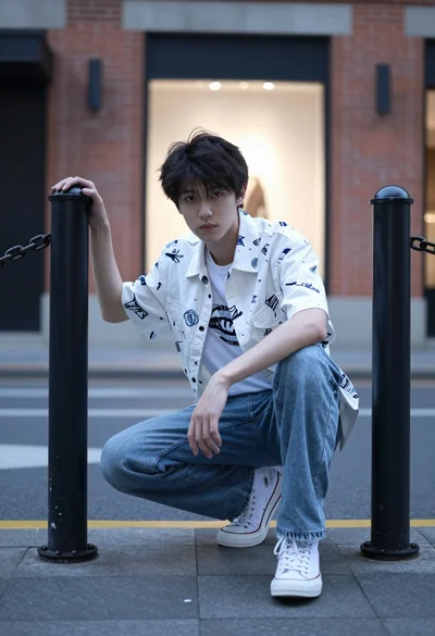 Young man crouching between metal posts in an urban street setting