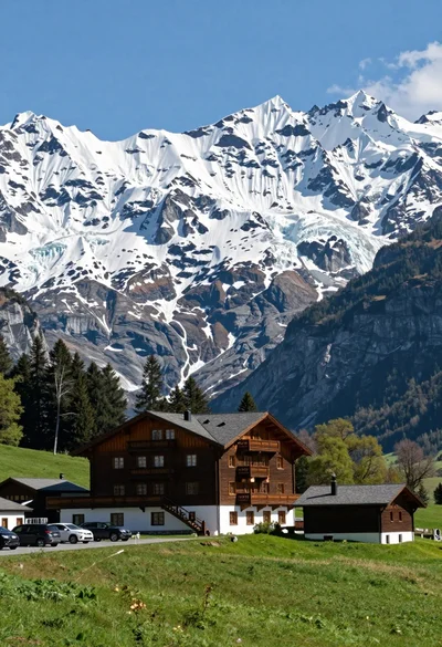Low angle wide shot of hotel cabin in meadow beneath massive glacier