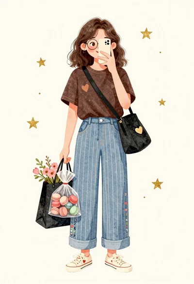 Young girl taking mirror selfie with shopping bags in dreamy watercolor style