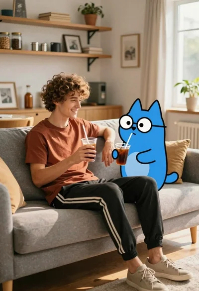 Young man with dog sitting on sofa in sunlit living room