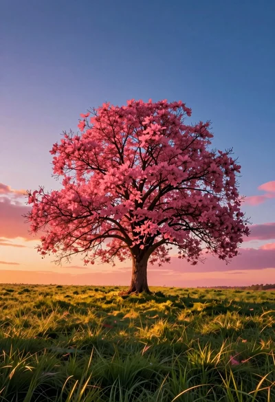 Solitary tree with vibrant pink foliage on a grassy hill under dramatic