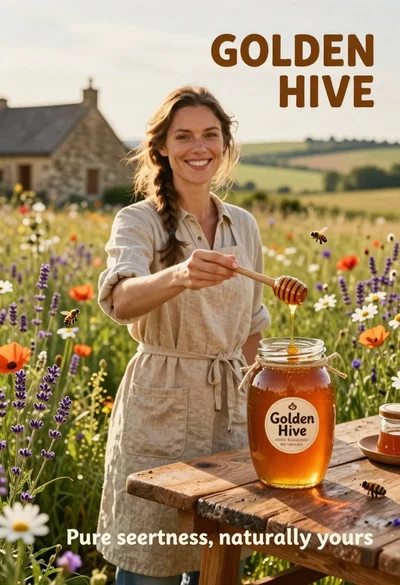 Smiling woman in beige linen dress holding honey jar on rustic wooden