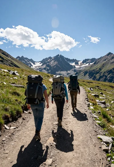 Three hikers walking away along a dirt trail toward jagged mountains