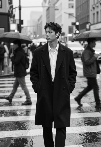 Young asian man in overcoat standing still on wet city street