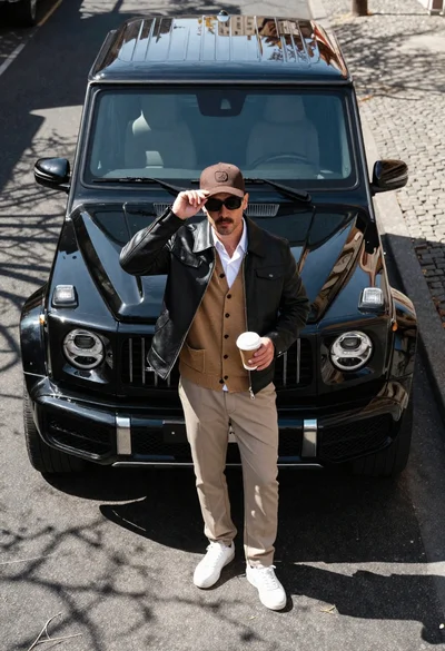 Stylish man with mustache holding coffee cup in front of black luxury